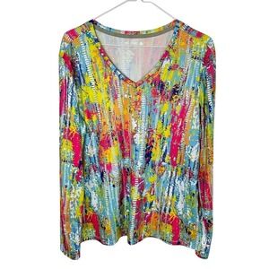 Reel Legends Reel-Tec Womens Large Multicolor Abstract Splatter V-Neck Top L